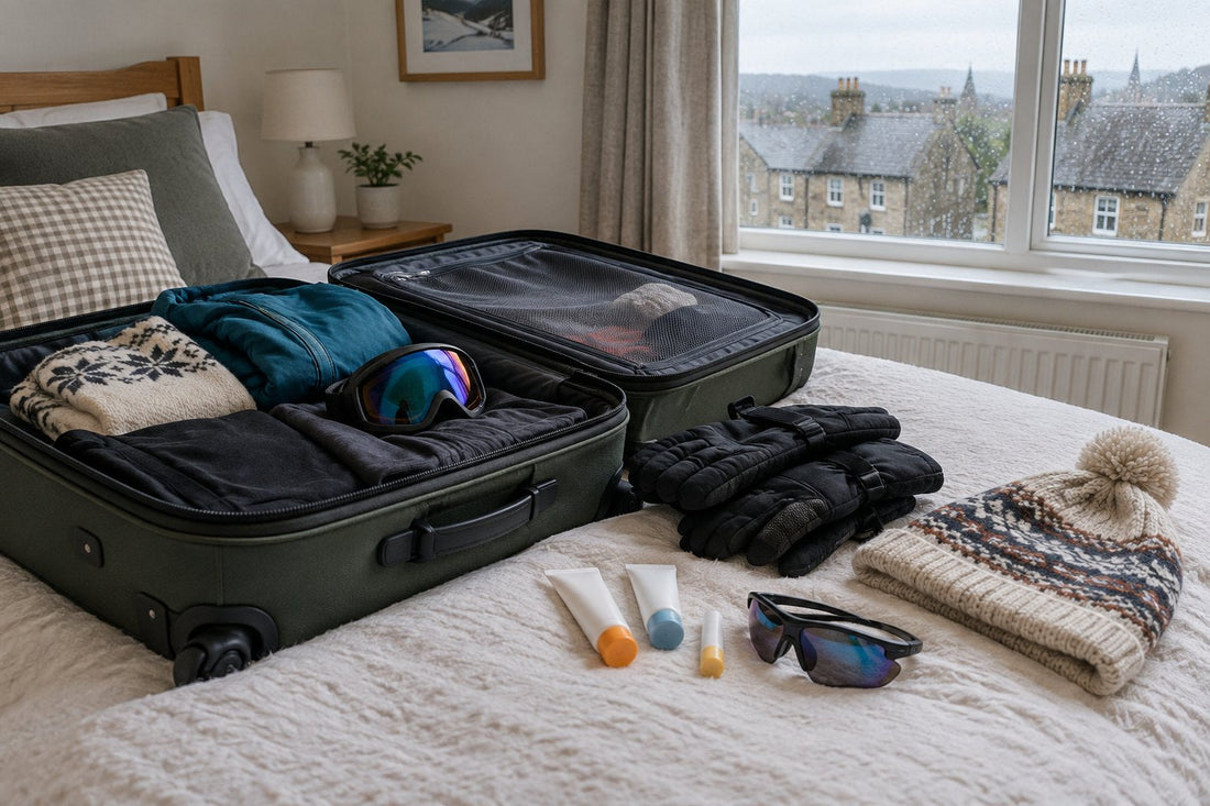 Sunscreen bottles, a lip balm, sunglasses and a ski hat laid out on a bed beside a packed suitcase in a UK bedroom before a winter holiday