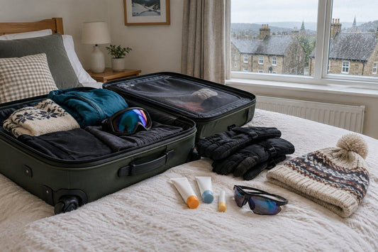 Sunscreen bottles, a lip balm, sunglasses and a ski hat laid out on a bed beside a packed suitcase in a UK bedroom before a winter holiday