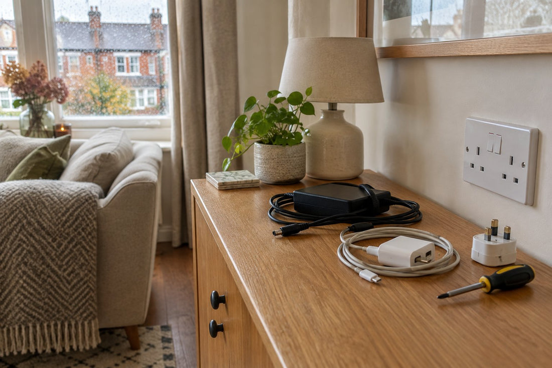 Laptop charger with a UK three-pin plug beside a white wall socket in a UK living room, with its rating label turned towards the camera