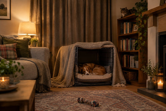 A dog resting in a blanket-covered den beside a sofa in a cosy UK living room at night, curtains drawn and a lamp glowing softly