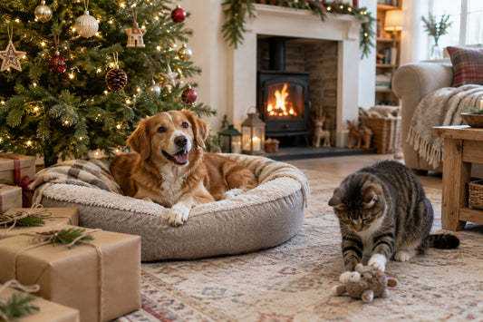 A dog and a cat beside a decorated Christmas tree in a UK living room, with a rope toy and a plush bed on the rug