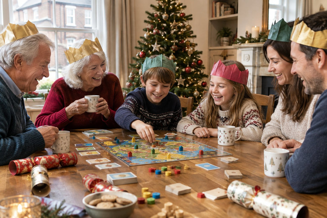 Multi-generational family laughing around a dining table playing a colourful board game with cards and wooden pieces in a festive UK living room