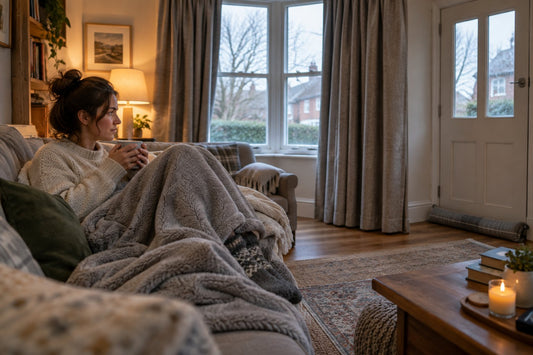 A person wrapped in a fleece blanket on a sofa by thick curtains in a UK living room on a cold grey afternoon, holding a warm mug
