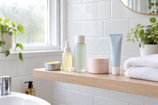 Minimal Korean skincare routine laid out on a white bathroom shelf with a cleansing balm, serum bottle, cream jar and sunscreen tube in soft daylight