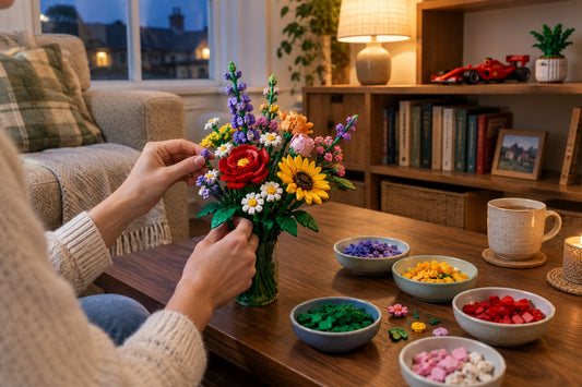 Adult building a colourful brick flower bouquet at a wooden table in a cosy living room, with a finished brick race car and potted brick plant nearby