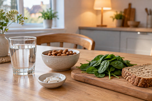 A glass of water, a small dish of white capsules and a bowl of almonds and spinach on a wooden table in a bright UK kitchen