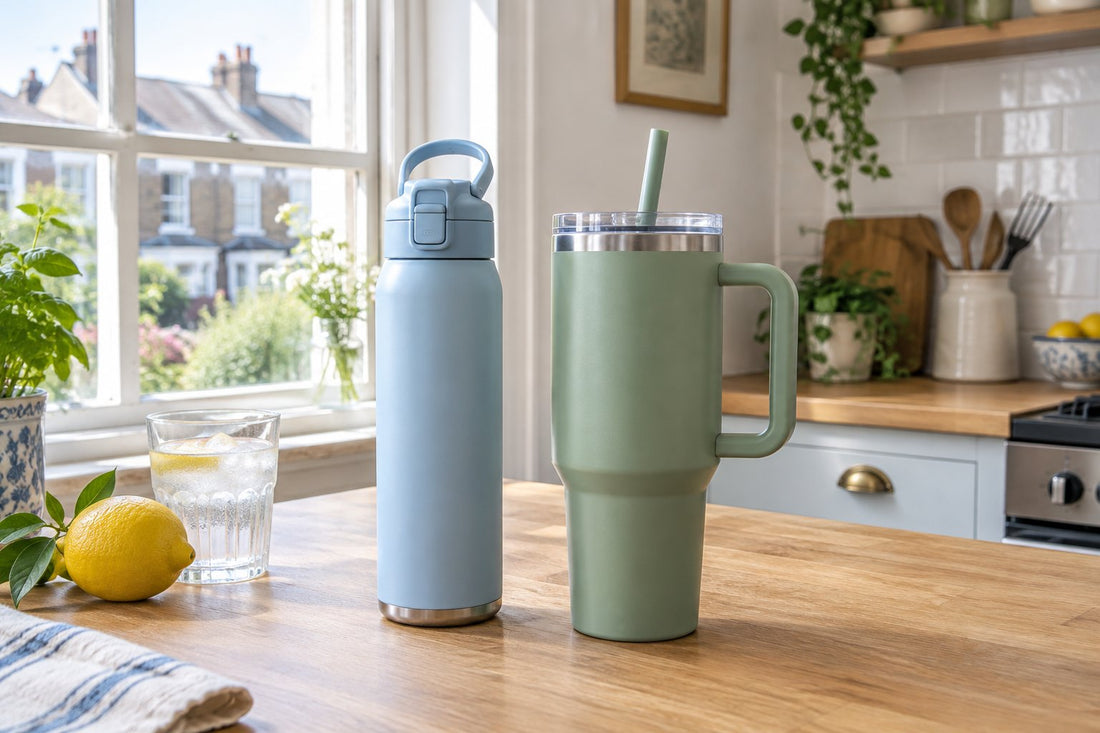 Two insulated stainless steel water bottles, one with a push-button lid and one tall handled tumbler with a straw, on a sunny UK kitchen worktop