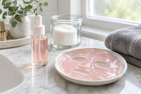 Glass dropper of pale pink serum and a translucent jelly face mask on a marble bathroom counter beside a folded towel in soft morning light