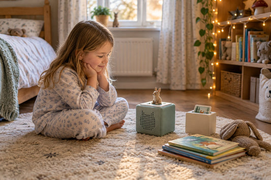 Young child sitting on a bedroom rug listening to a soft cube-shaped audio player beside a small card-based speaker and a stack of picture books