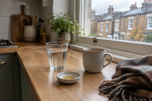 Morning light through a rainy window in a UK kitchen, a glass of water and a small bowl of softgel capsules on a wooden worktop