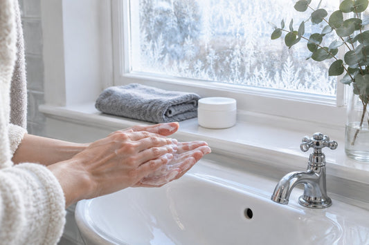 Hands being rubbed together over a white bathroom basin by a frosty window in a UK home, with a folded towel and a small jar on the sill