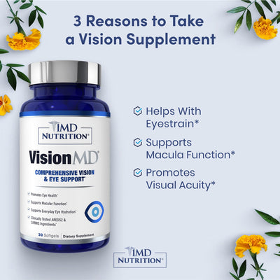 1MD VisionMD softgel close-up demonstrating smooth coating for easy swallowing and absorption