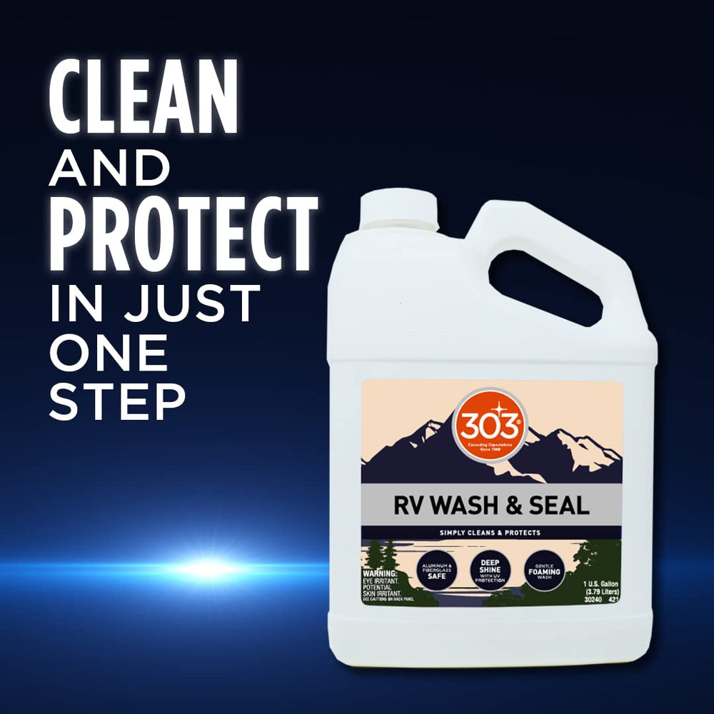 303 Products before and after RV panel highlighting visible cleaning and shine