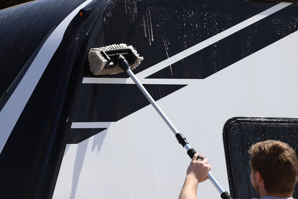 303 Products used on RV roof showing safe overhead cleaning and sun protection