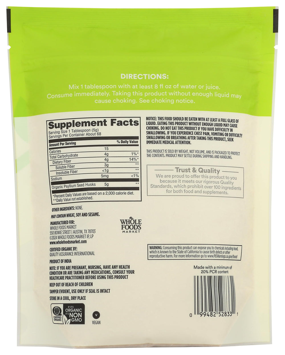 365 by Whole Foods Market primer plano del polvo de psyllium mostrando textura fina
