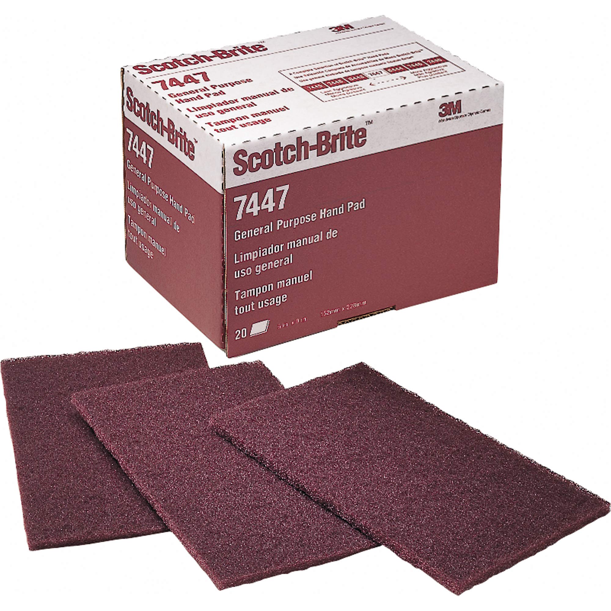3M Scotch‑Brite 07447 empaque frontal mostrando 20 almohadillas para organización eficiente