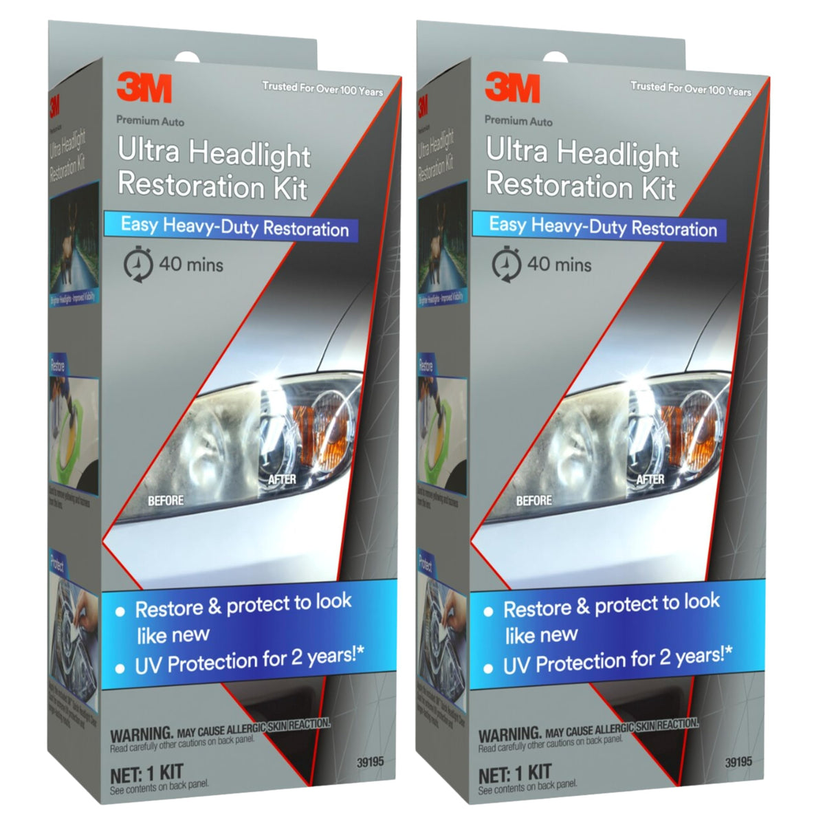 3M kit frontal con caja mostrando el pack doble y componentes para restaurar faros