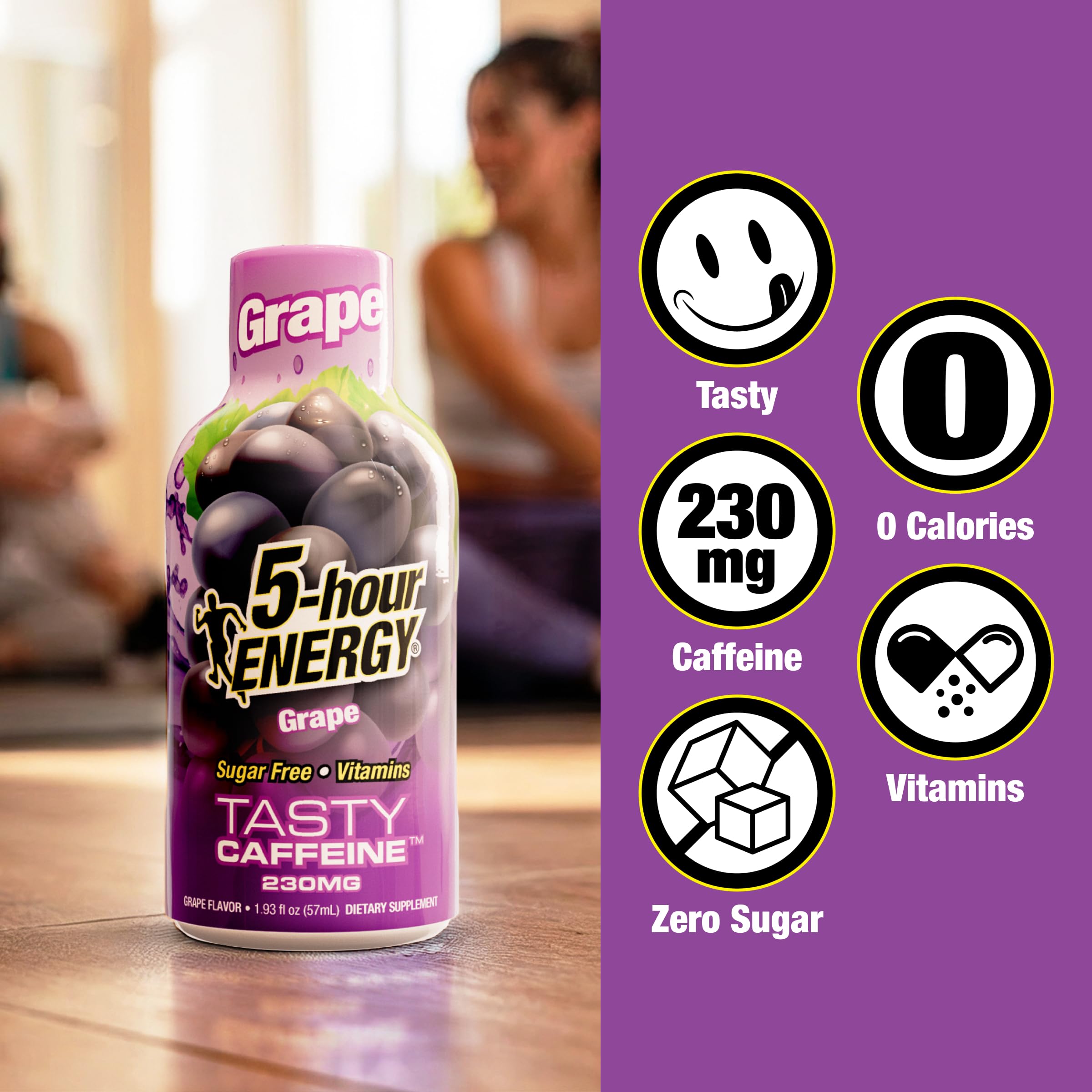 5-hour ENERGY etiqueta nutricional que destaca 230 mg cafeína y cero azúcar