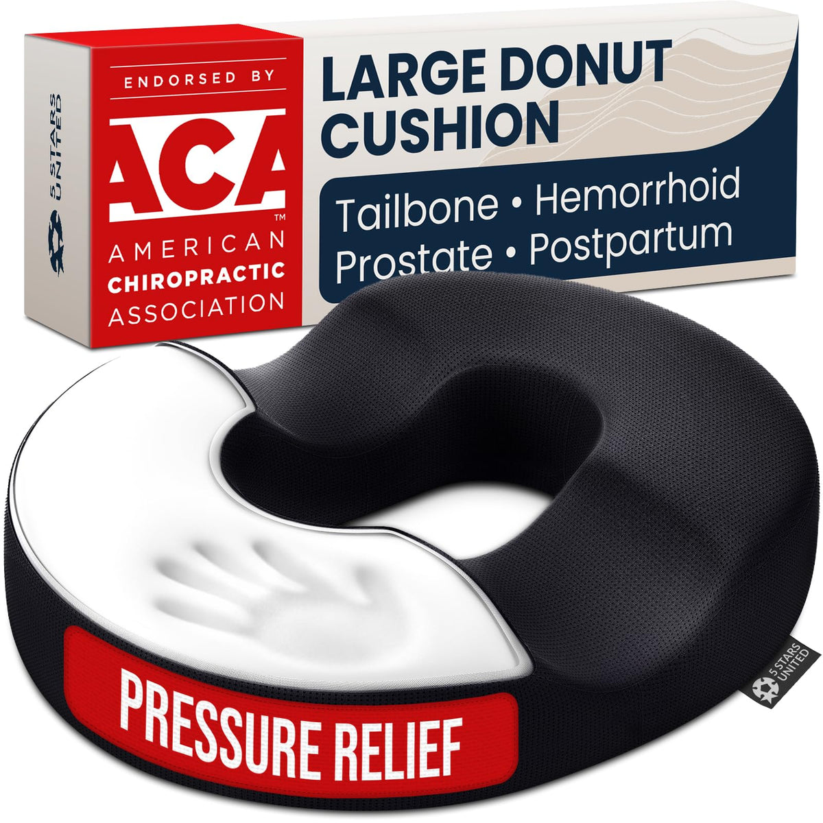 5 STARS UNITED cojín donut frontal mostrando diseño ergonómico y alivio inmediato