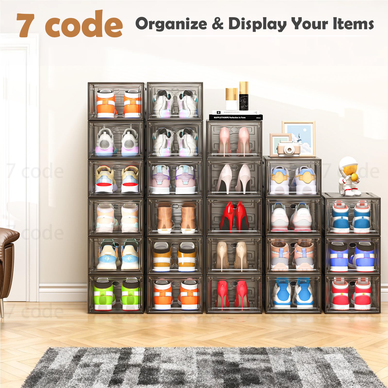7 code armario organizado con cajas transparentes para localizar calzado