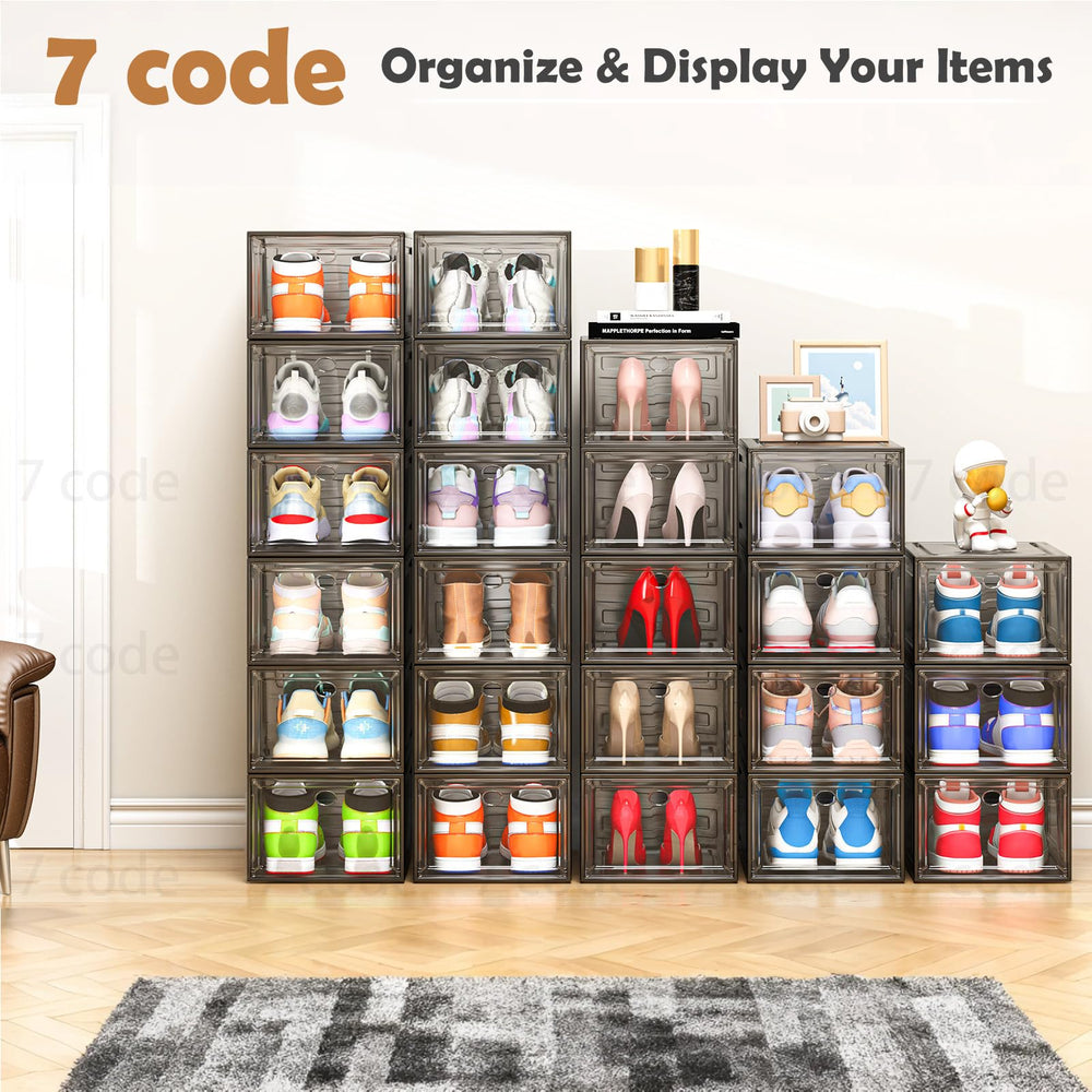 7 code armario organizado con cajas transparentes para localizar calzado