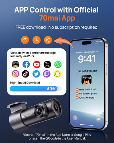 70mai M310 Plus app live-view on smartphone for quick downloads and evidence sharing