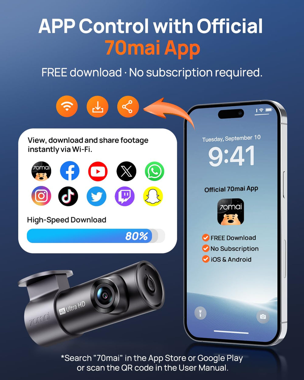 70mai M310 Plus app live-view on smartphone for quick downloads and evidence sharing