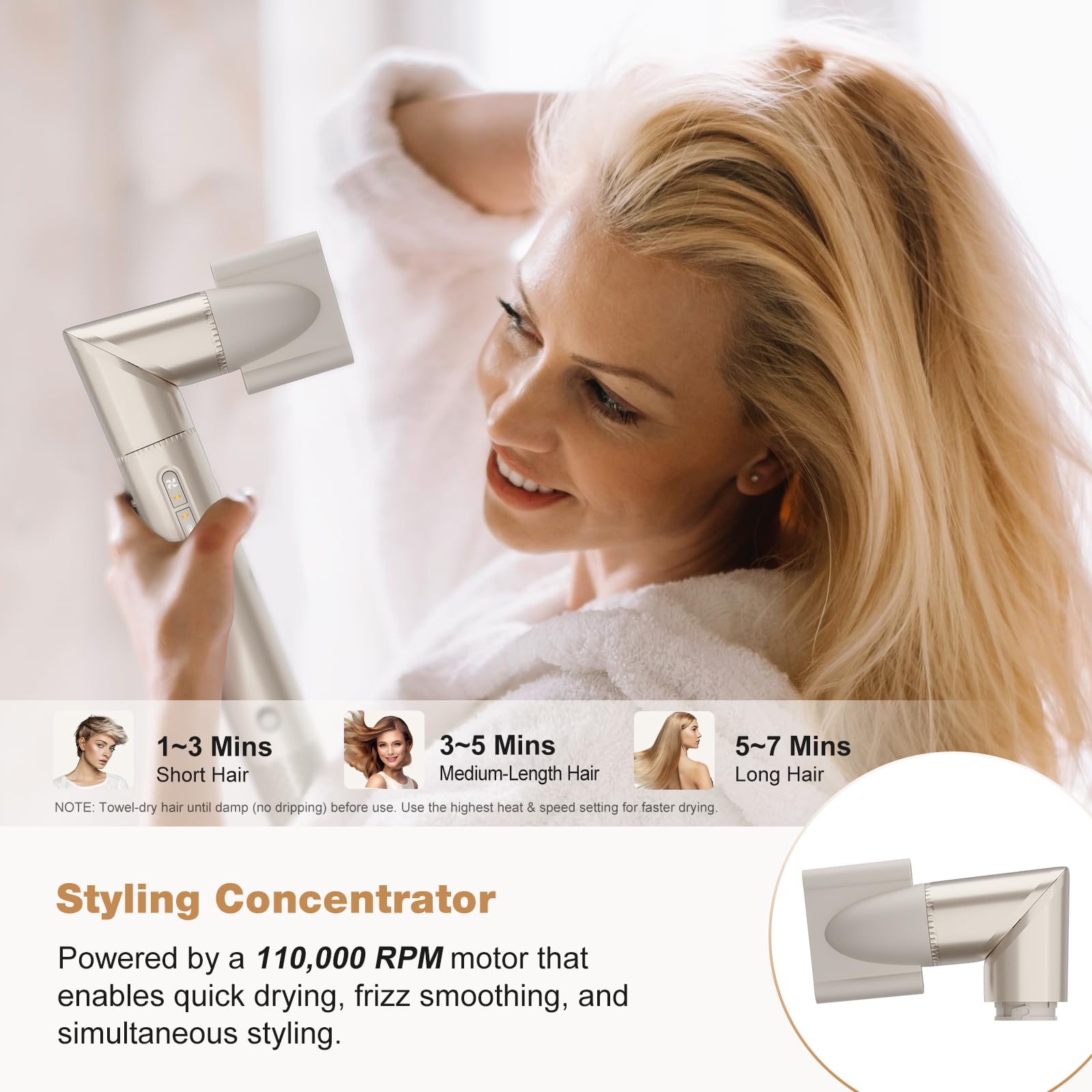 7MAGIC estilizador en mano secando cabello rápidamente y control cómodo