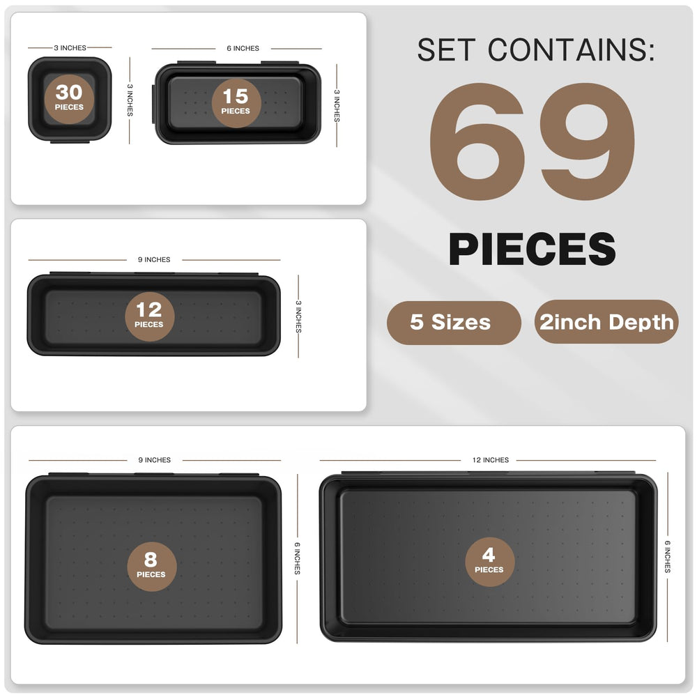 A-LuGei layout comparing five tray sizes for planning drawer space