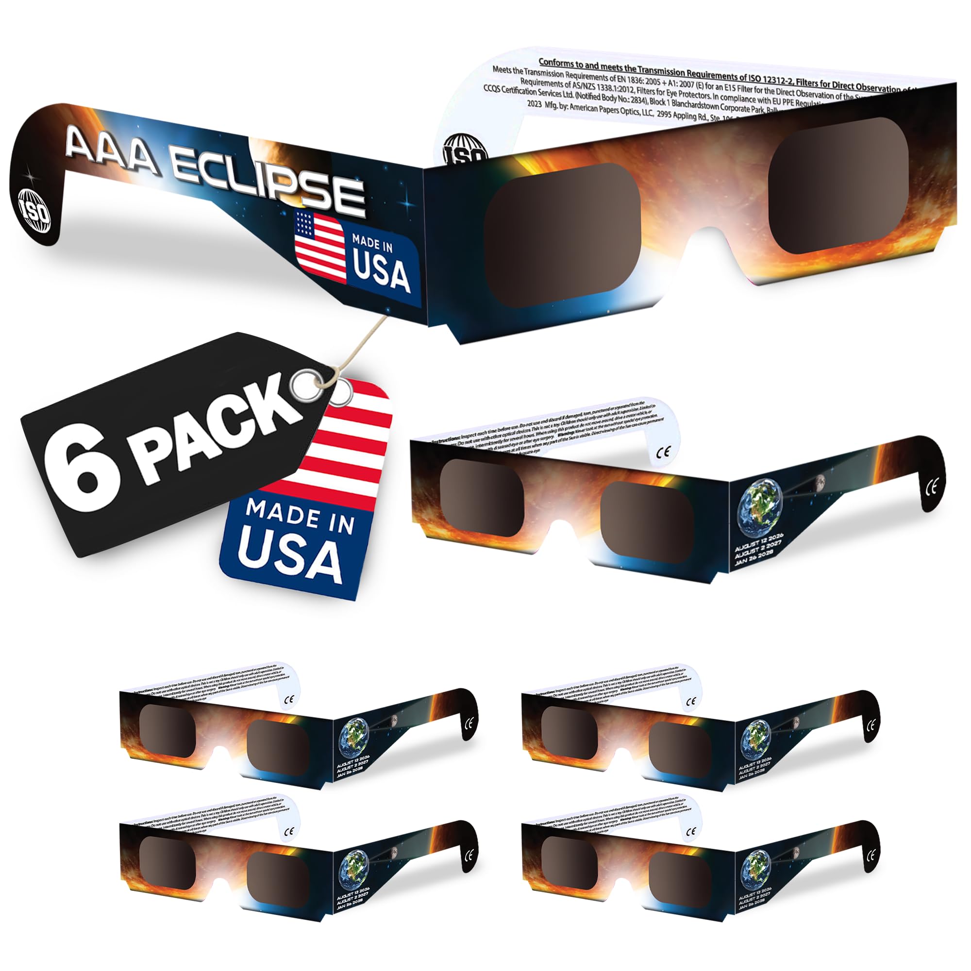 AAA Eclipse vista frontal del paquete con seis gafas, protección confiable