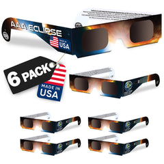 AAA Eclipse vista frontal del paquete con seis gafas, protección confiable