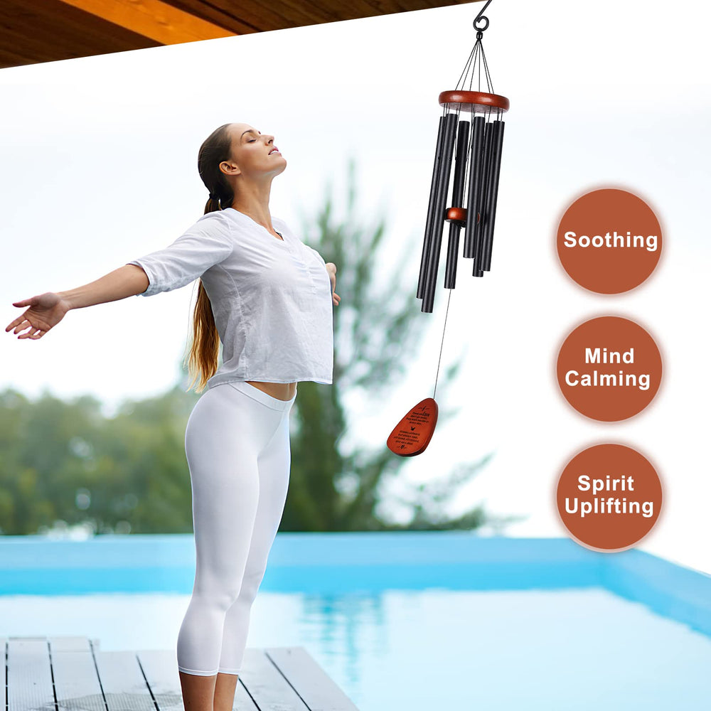 ABEICO wind chime on porch at dusk suggesting gentle sound and calming atmosphere