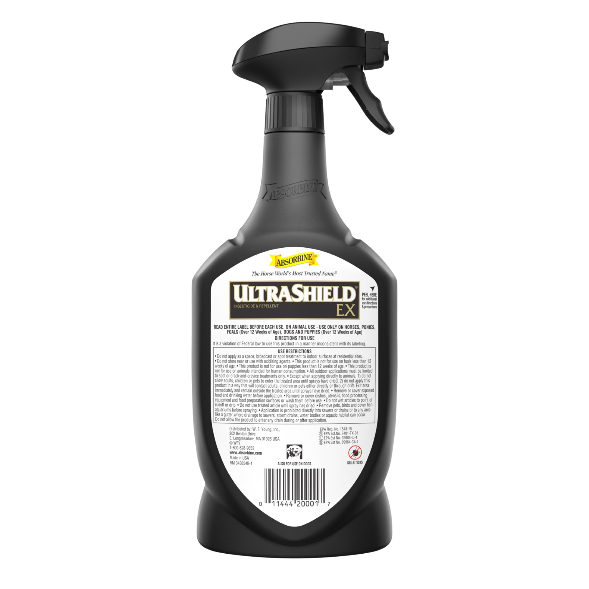 Absorbine UltraShield EX etiqueta informativa con instrucciones y precauciones