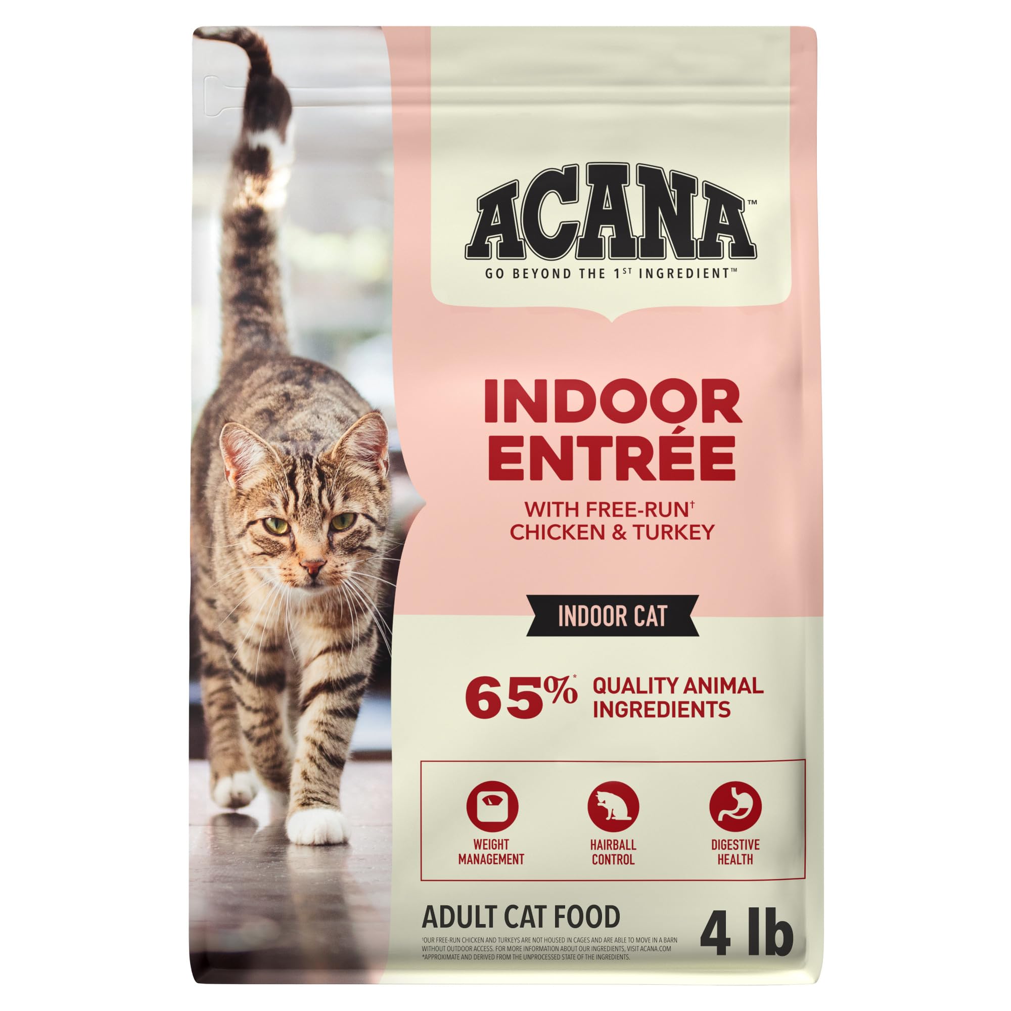 ACANA bolsa frontal 4 lb mostrando la fórmula Indoor Entrée y beneficio nutricional