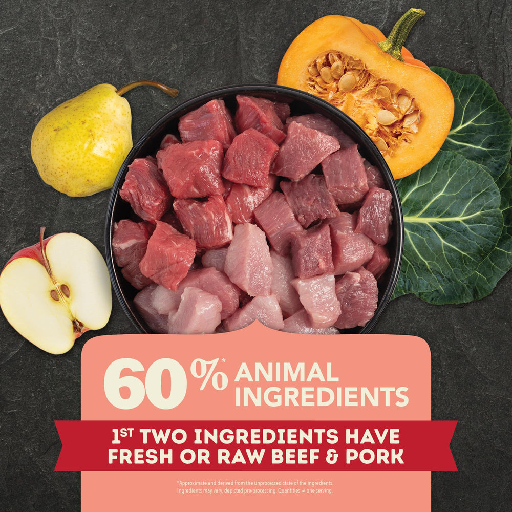 ACANA beef pork lamb ingredient assembly for rich protein