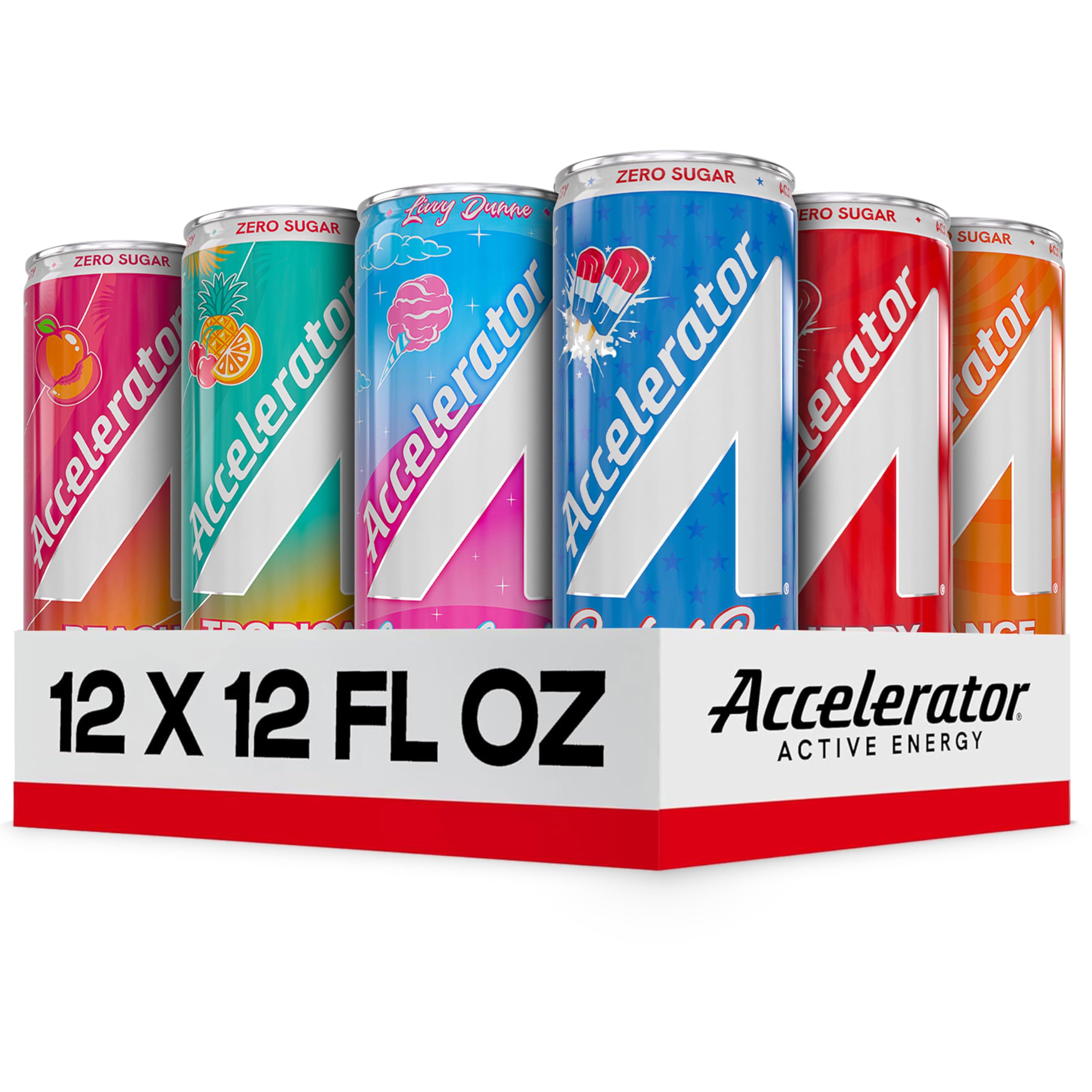 Accelerator pack frontal mostrando las 12 latas y variedad de sabores, ideal para probar opciones