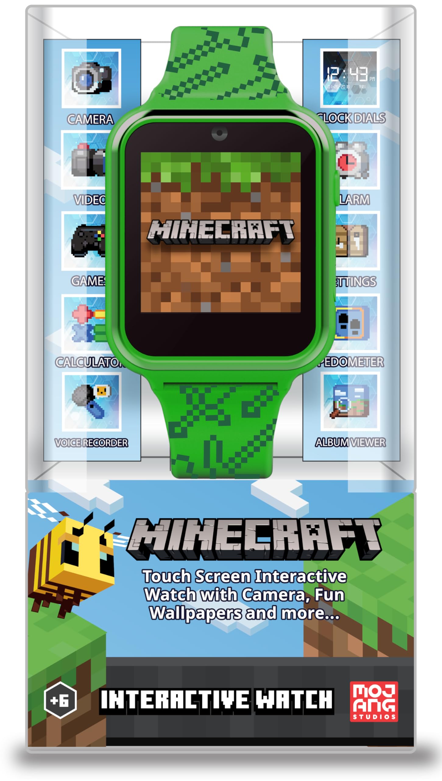 Accutime reloj Minecraft vista frontal con diseño colorido y fácil lectura