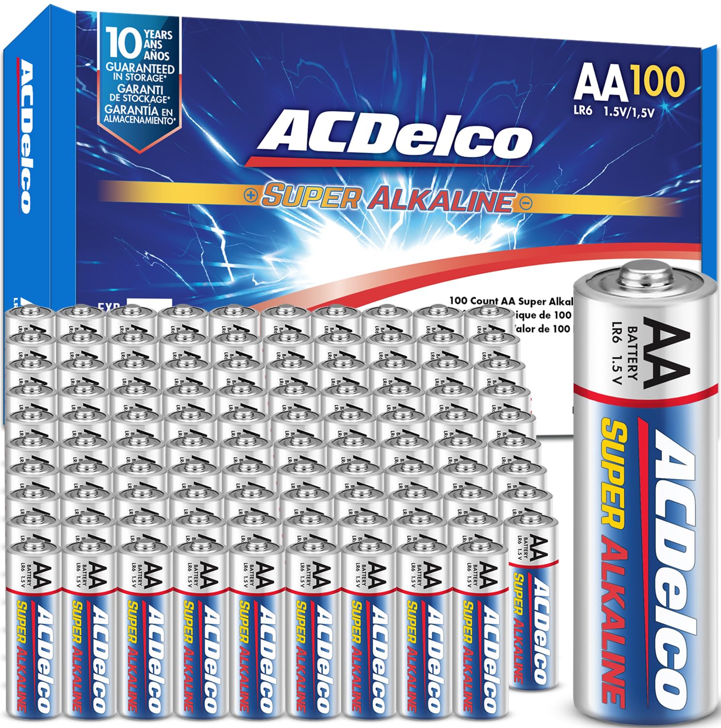 ACDelco paquete frontal de 100 pilas AA mostrando cantidad y beneficio de ahorro
