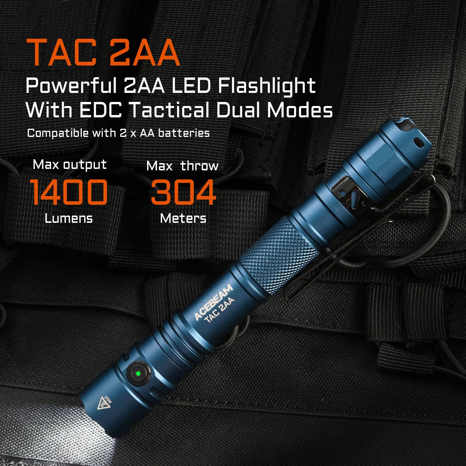 ACEBEAM TAC 2AA detalle del LED SFT-25R HI demostrando potencia y alcance
