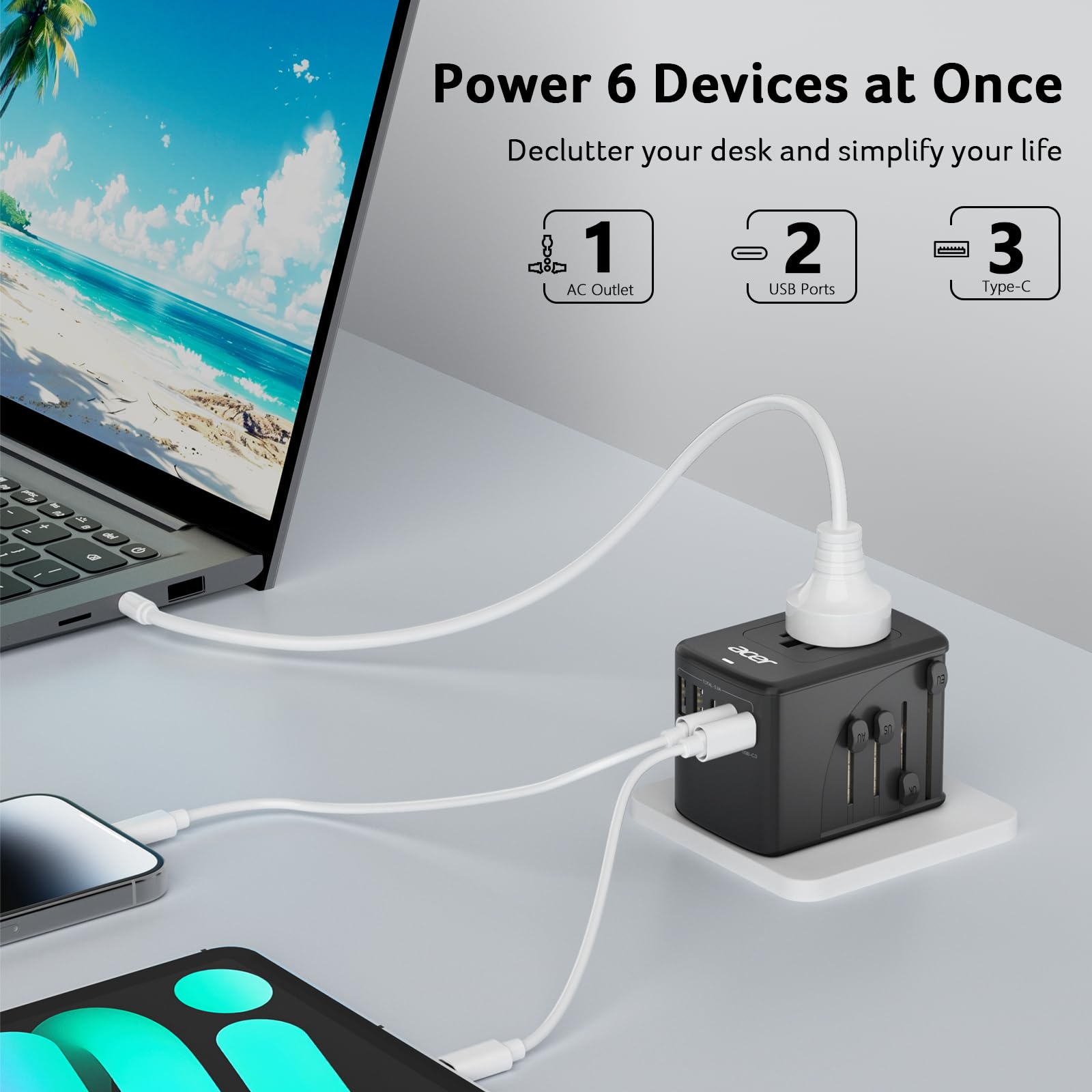 Acer toma AC universal aceptando enchufes internacionales