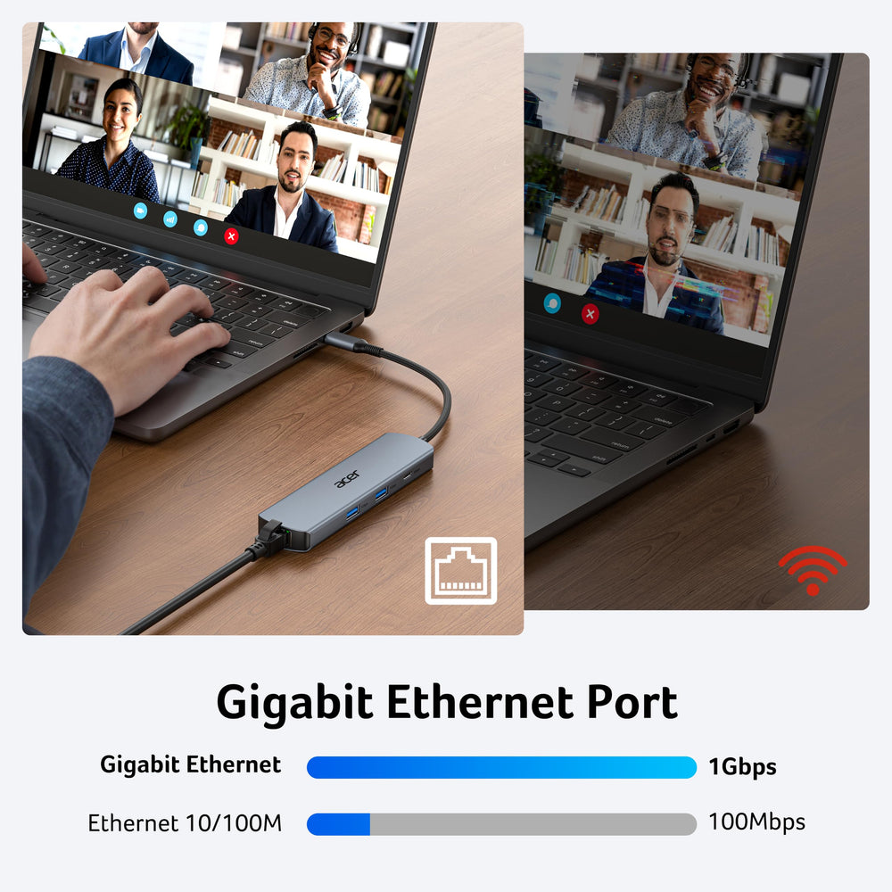 Acer hub con cable Ethernet conectado ofreciendo red estable y alta velocidad
