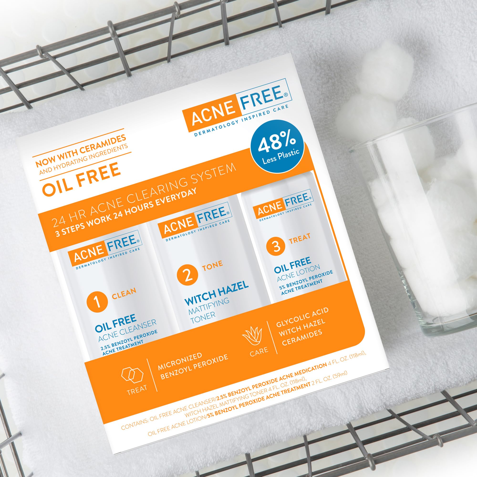 AcneFree kit dispuesto completo mostrando combinación de productos para rutina diaria