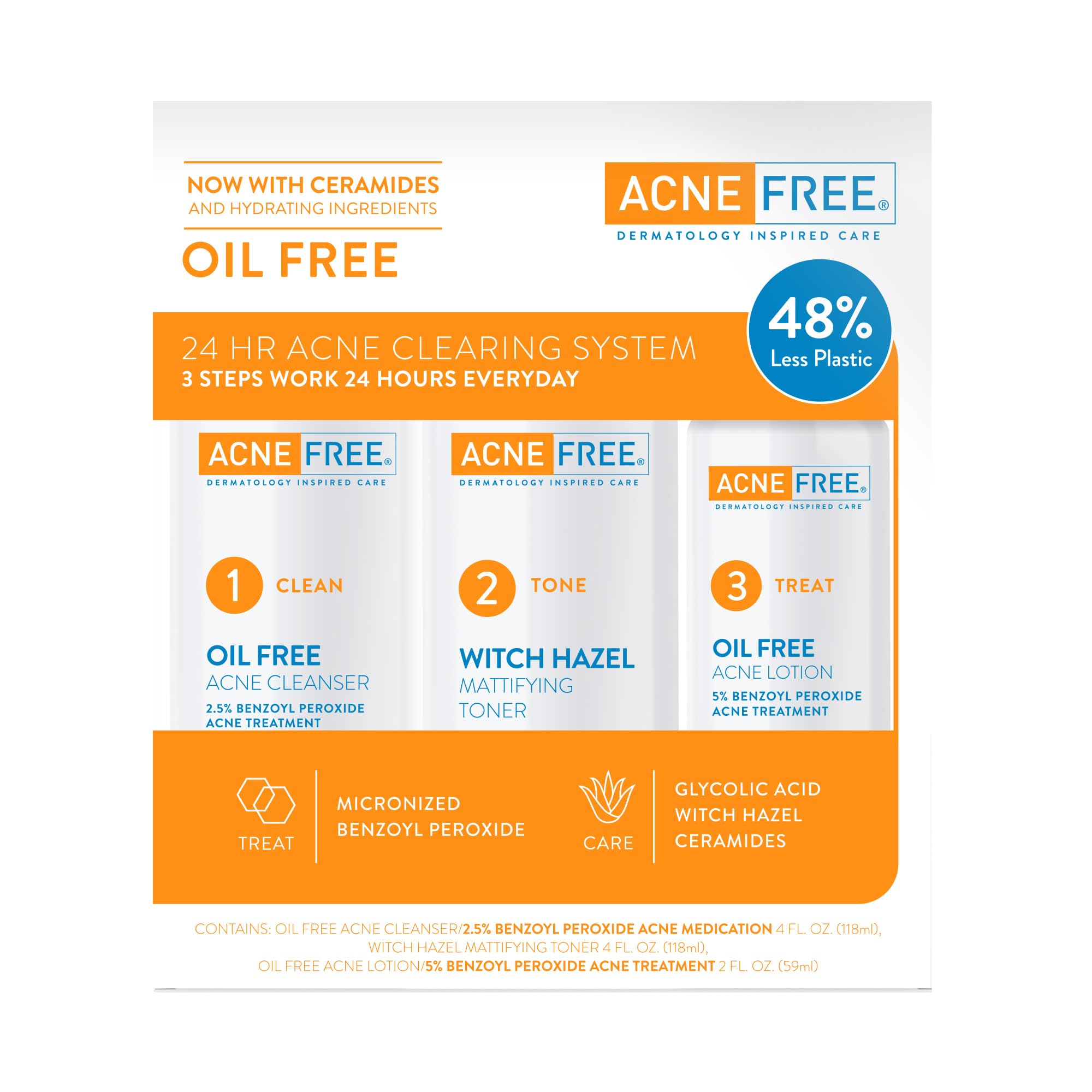 AcneFree presentación frontal del kit mostrando los tres productos y beneficio de rutina completa