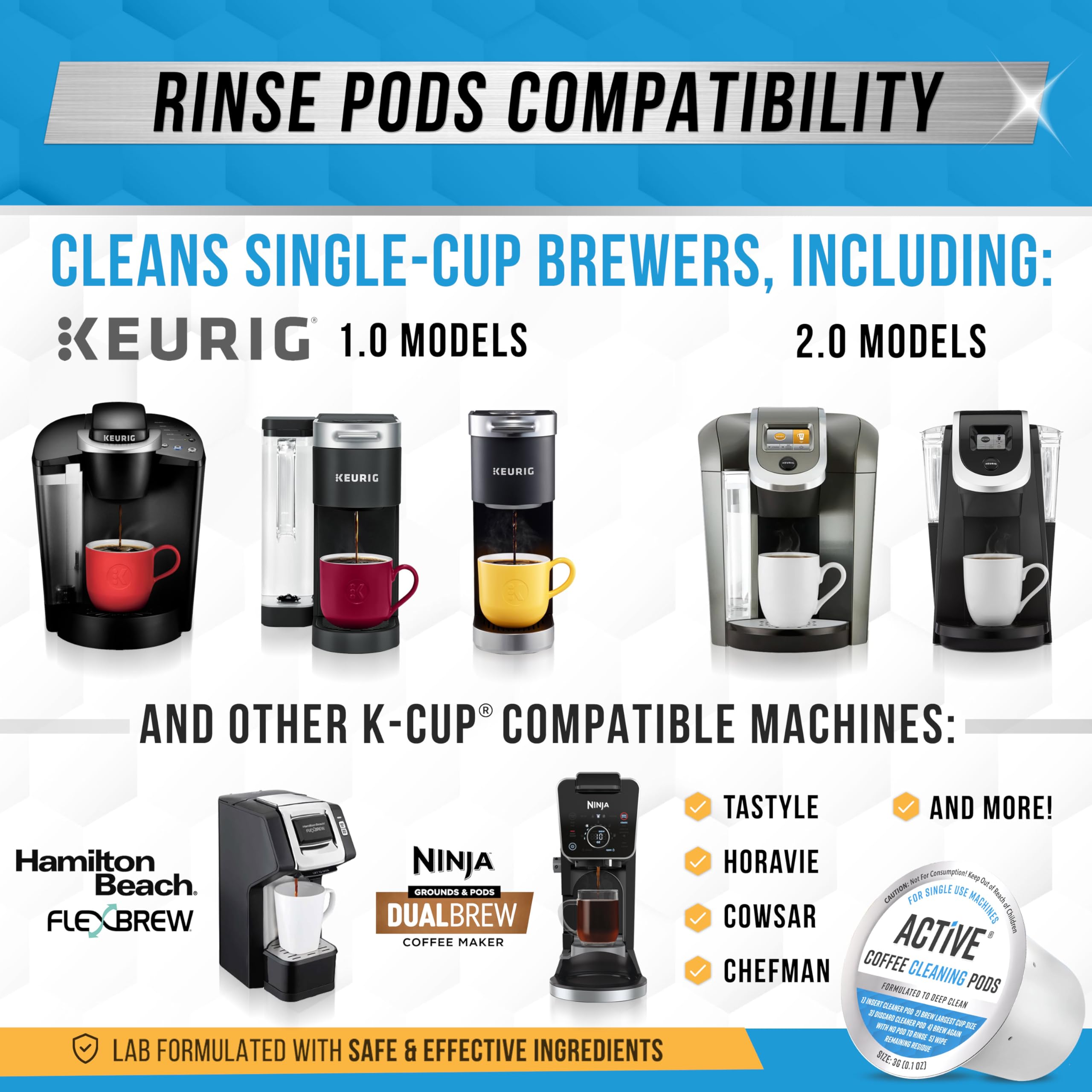 Cápsula ACTIVE insertada en una Keurig durante ciclo, limpiando cámara y agujas eficazmente