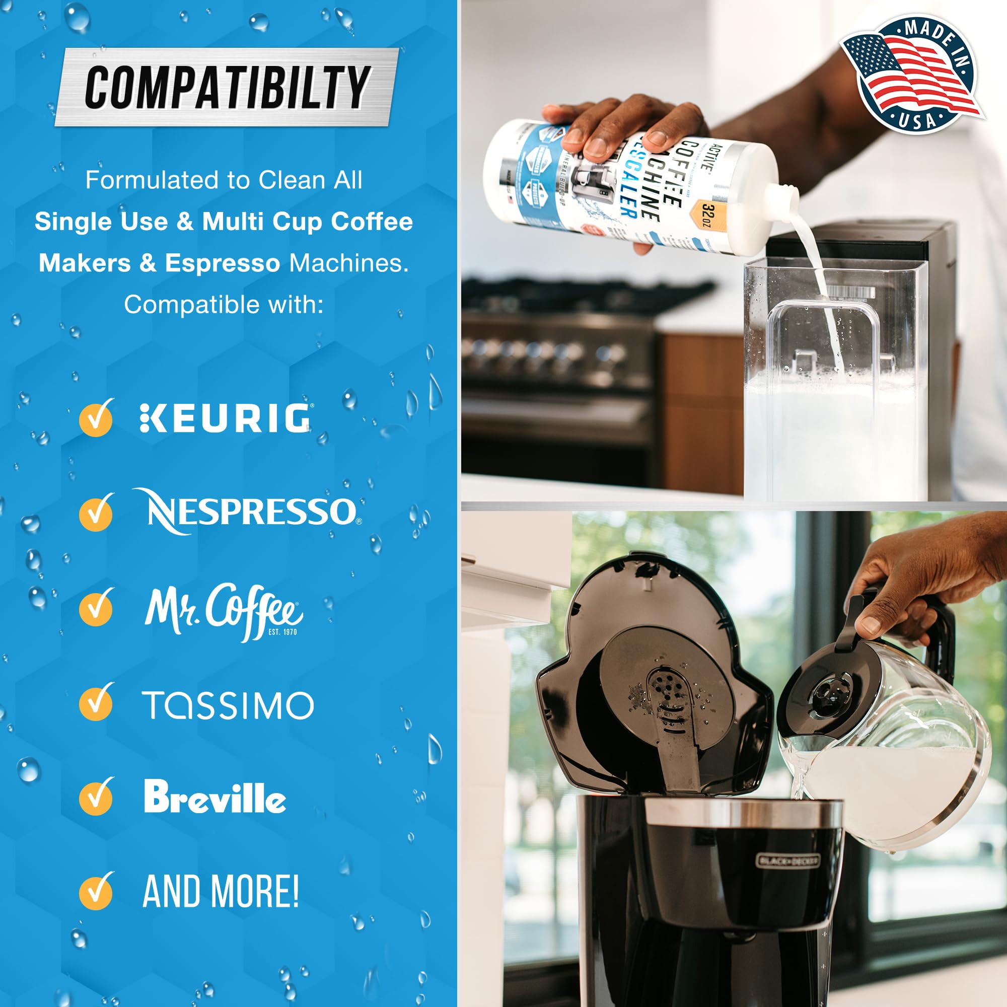 Botella ACTIVE vertida en depósito de Keurig durante ciclo de limpieza para mantenimiento