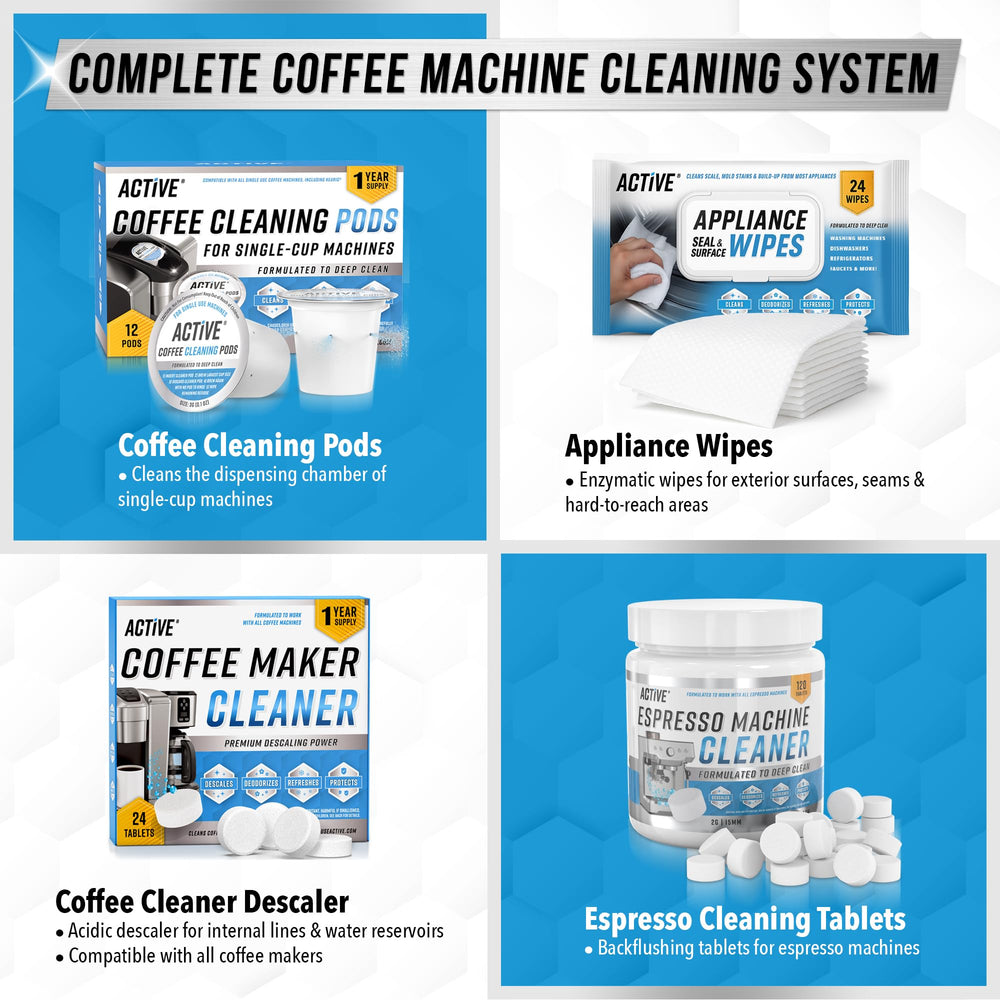 Escena de cocina con ACTIVE junto a máquina de café, mantenimiento doméstico confiable