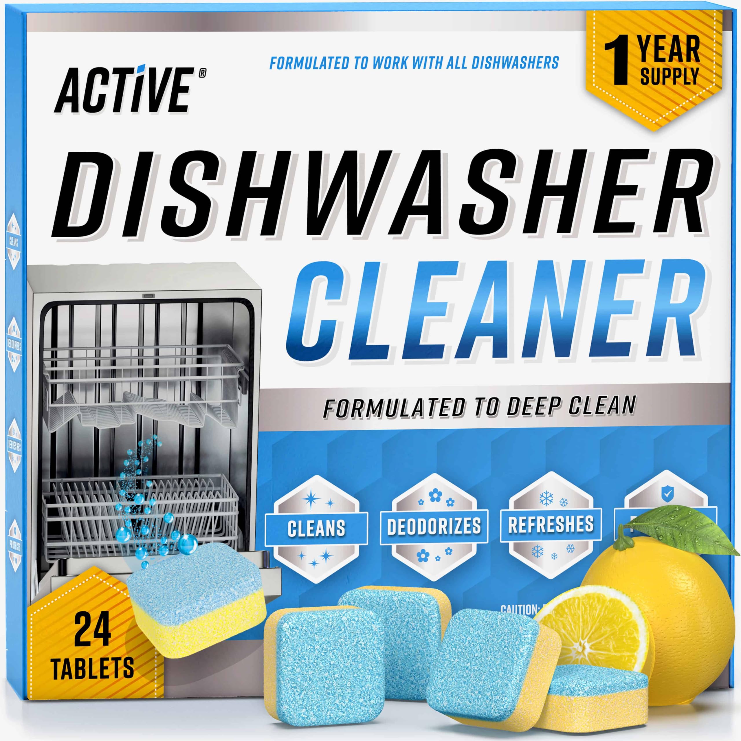 ACTIVE front packaging of dishwasher cleaner tablets showing quantity and features