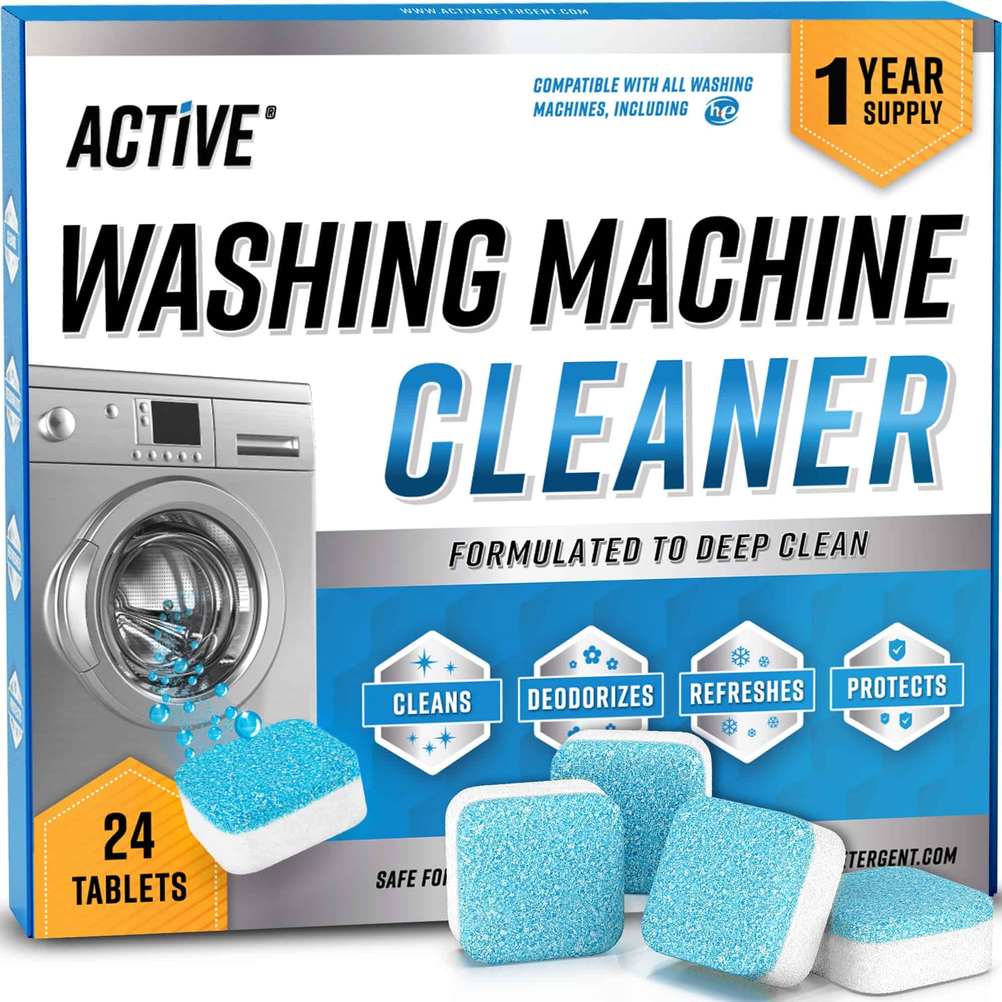 ACTIVE front packaging showing 24‑tablet washer cleaner and yearly supply benefit