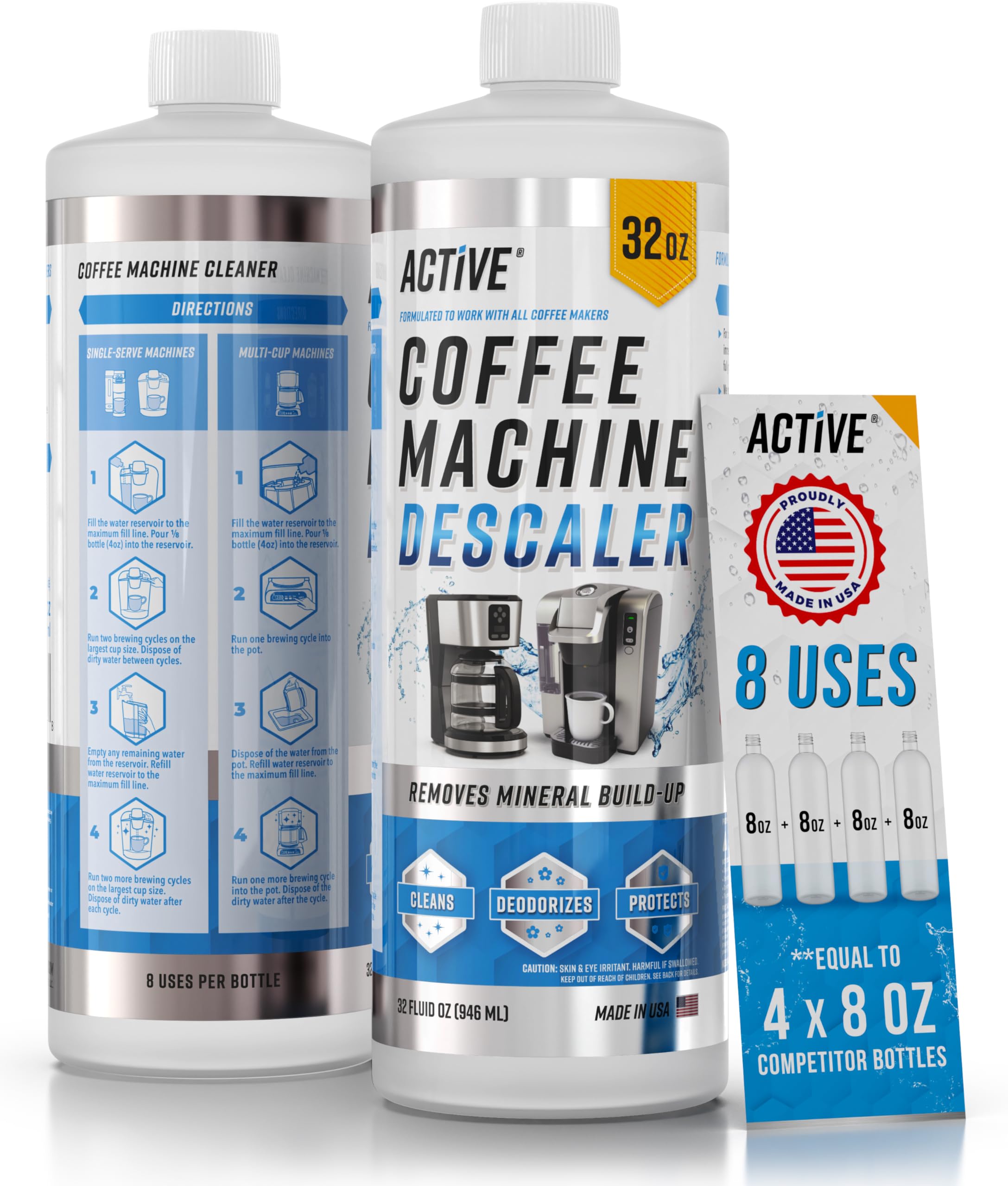 Botella ACTIVE frontal de 32 oz mostrando etiqueta y capacidad, limpieza eficaz