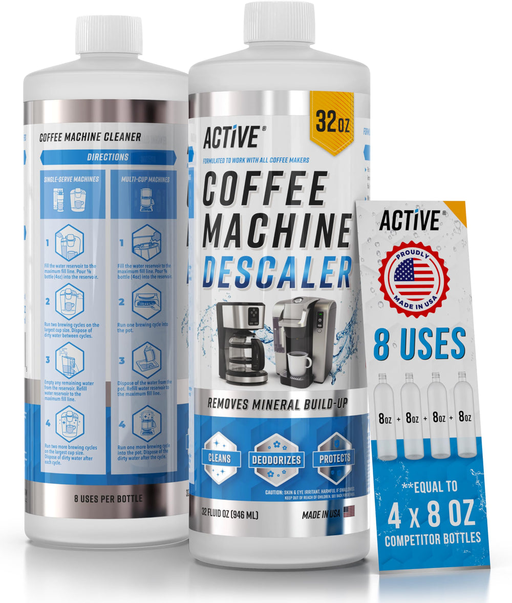 Botella ACTIVE frontal de 32 oz mostrando etiqueta y capacidad, limpieza eficaz